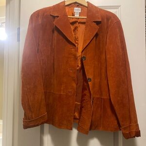 Chico’s orange leather jacket with buttons size 3=16 to 18 or large